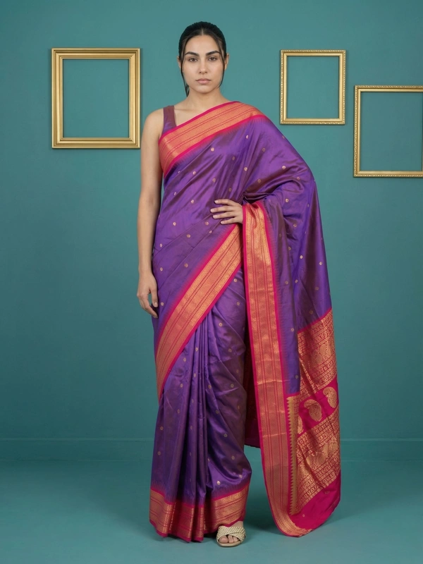 Premium Soft Silk Saree with Gold Zari Motifs and Contrast Rich Woven Pallu