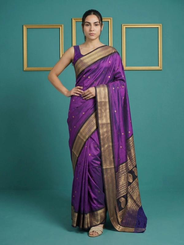 Premium Soft Silk Saree with Gold Zari Motifs and Contrast Rich Woven Pallu