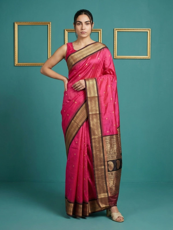 Premium Soft Silk Saree with Gold Zari Motifs and Contrast Rich Woven Pallu