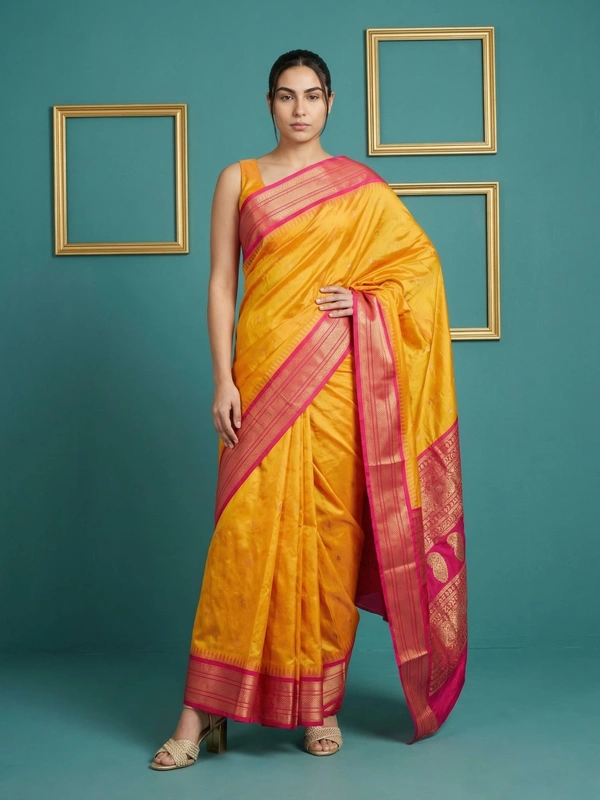 Premium Soft Silk Saree with Gold Zari Motifs and Contrast Rich Woven Pallu