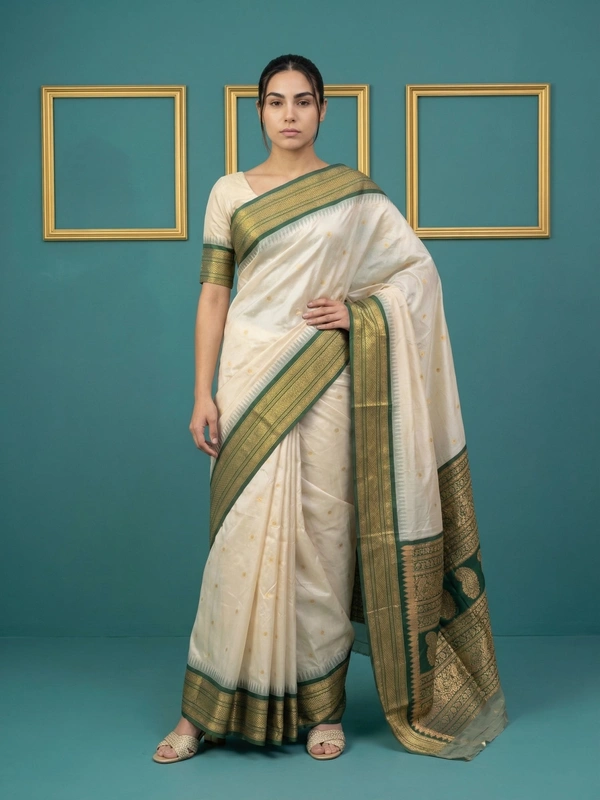 Premium Soft Silk Saree with Gold Zari Motifs and Contrast Rich Woven Pallu