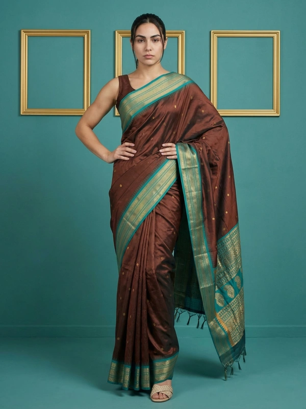 Premium Soft Silk Saree with Gold Zari Motifs and Contrast Rich Woven Pallu