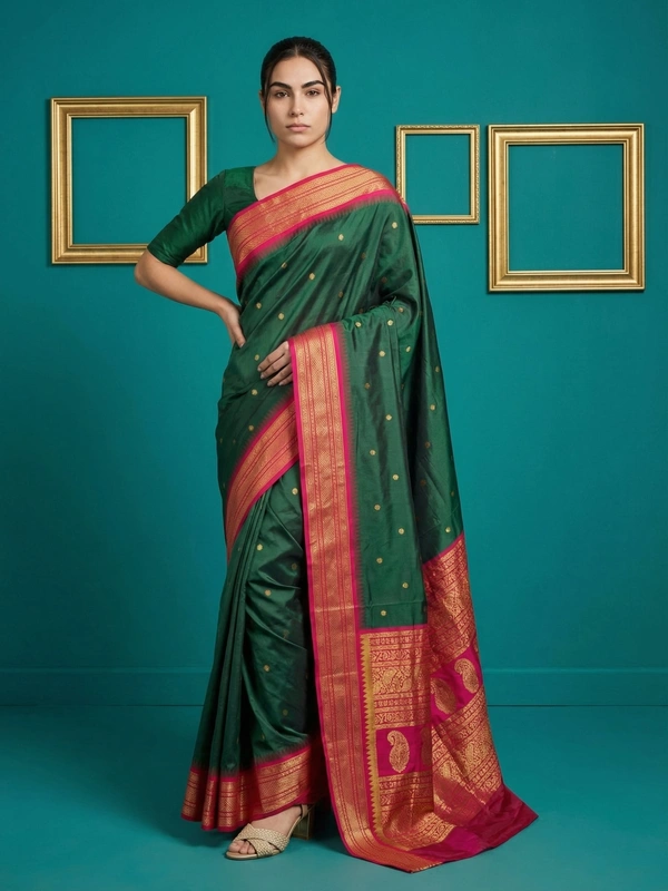 Premium Soft Silk Saree with Gold Zari Motifs and Contrast Rich Woven Pallu
