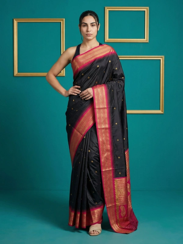 Premium Soft Silk Saree with Gold Zari Motifs and Contrast Rich Woven Pallu