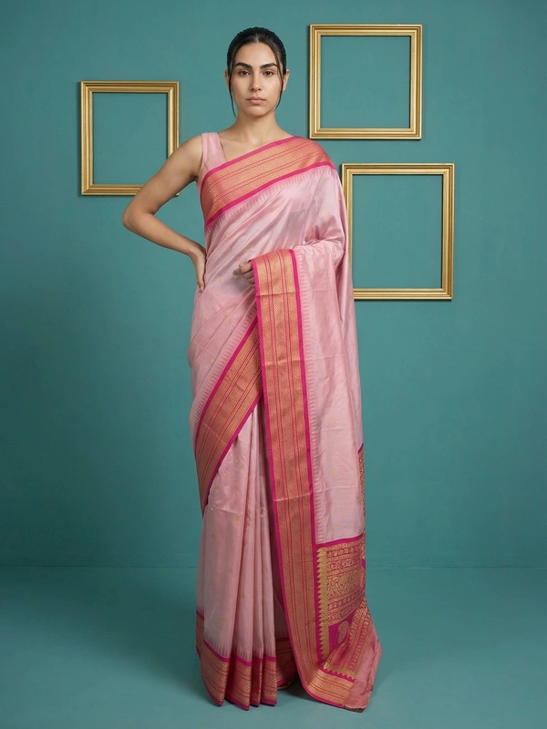 Premium Soft Silk Saree with Gold Zari Motifs and Contrast Rich Woven Pallu
