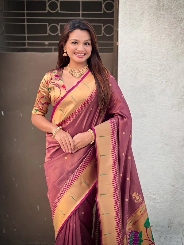 Premium Soft Tissue Paithani Saree with Lotus Meenakari Pallu and Muniya Border - FREE, WINE