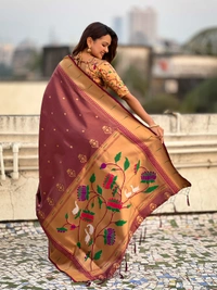 Premium Soft Tissue Paithani Saree with Lotus Meenakari Pallu and Muniya Border - FREE, WINE