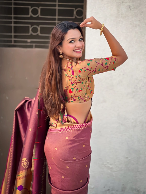 Premium Soft Tissue Paithani Saree with Lotus Meenakari Pallu and Muniya Border - FREE, WINE