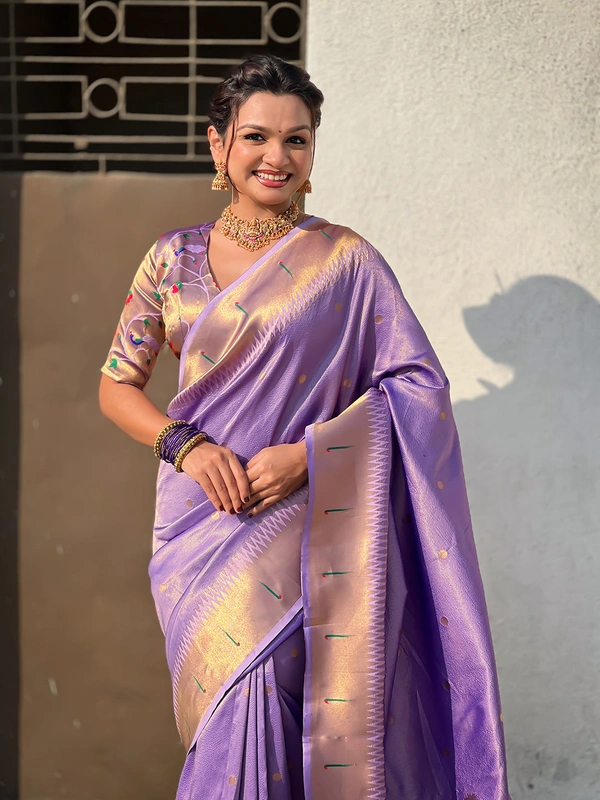 Premium Soft Tissue Paithani Saree with Lotus Meenakari Pallu and Muniya Border - FREE, LAVENDER