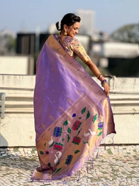 Premium Soft Tissue Paithani Saree with Lotus Meenakari Pallu and Muniya Border - FREE, LAVENDER