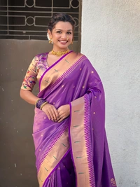 Premium Soft Tissue Paithani Saree with Lotus Meenakari Pallu and Muniya Border - FREE, PURPLE
