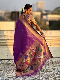 Premium Soft Tissue Paithani Saree with Lotus Meenakari Pallu and Muniya Border - FREE, PURPLE