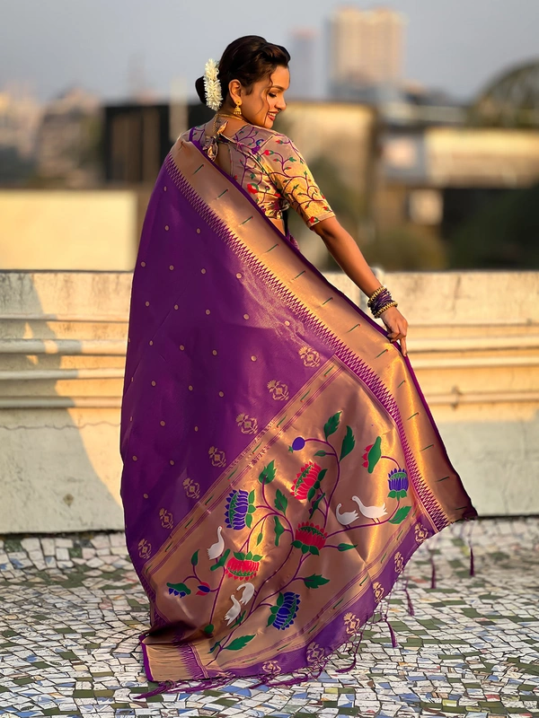 Premium Soft Tissue Paithani Saree with Lotus Meenakari Pallu and Muniya Border - FREE, PURPLE