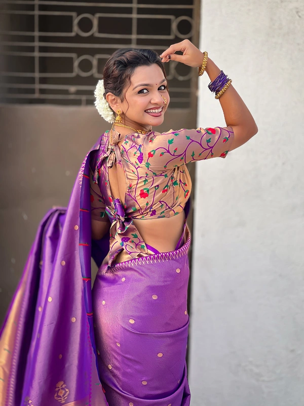 Premium Soft Tissue Paithani Saree with Lotus Meenakari Pallu and Muniya Border - FREE, PURPLE