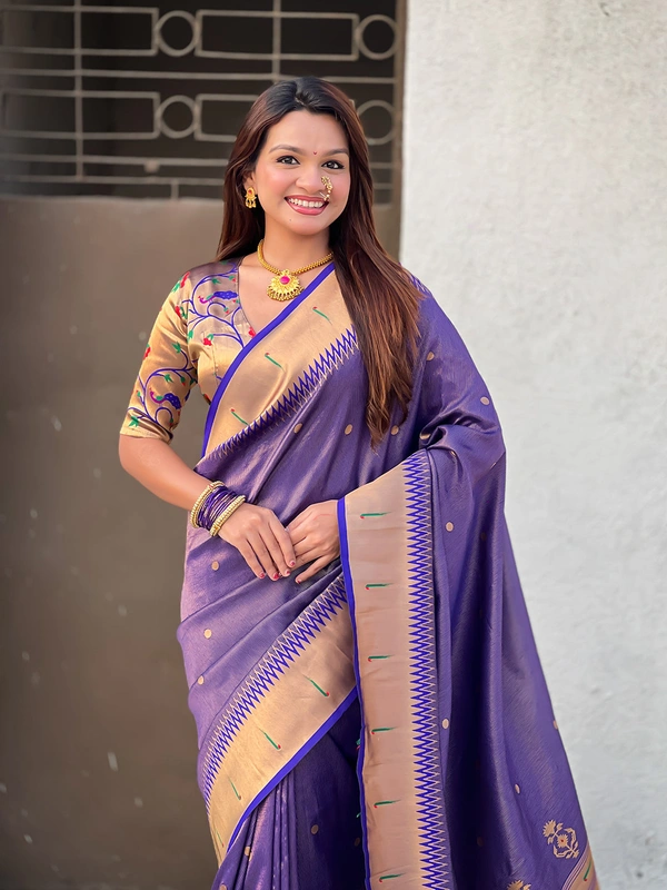 Premium Soft Tissue Paithani Saree with Lotus Meenakari Pallu and Muniya Border - FREE, VIOLET