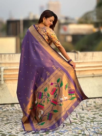 Premium Soft Tissue Paithani Saree with Lotus Meenakari Pallu and Muniya Border - FREE, VIOLET