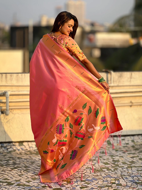 Premium Soft Tissue Paithani Saree with Lotus Meenakari Pallu and Muniya Border - FREE, BABY PINK