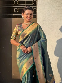 Premium Soft Tissue Paithani Saree with Lotus Meenakari Pallu and Muniya Border - FREE, P.GREEN