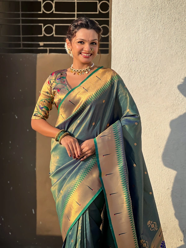 Premium Soft Tissue Paithani Saree with Lotus Meenakari Pallu and Muniya Border - FREE, P.GREEN