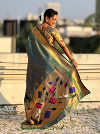 Premium Soft Tissue Paithani Saree with Lotus Meenakari Pallu and Muniya Border - FREE, P.GREEN