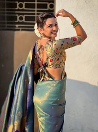 Premium Soft Tissue Paithani Saree with Lotus Meenakari Pallu and Muniya Border - FREE, P.GREEN