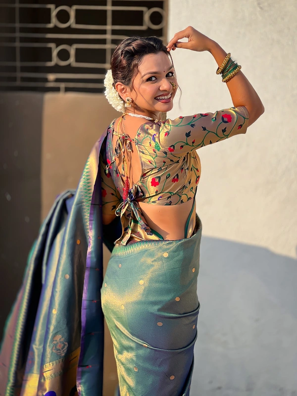 Premium Soft Tissue Paithani Saree with Lotus Meenakari Pallu and Muniya Border - FREE, P.GREEN