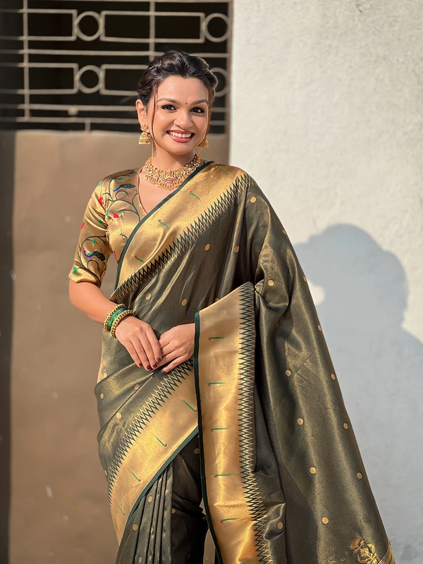 Premium Soft Tissue Paithani Saree with Lotus Meenakari Pallu and Muniya Border - FREE, BOTTLE GREEN