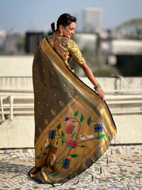 Premium Soft Tissue Paithani Saree with Lotus Meenakari Pallu and Muniya Border - FREE, BOTTLE GREEN
