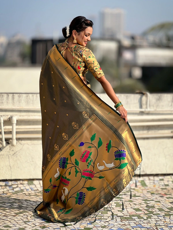 Premium Soft Tissue Paithani Saree with Lotus Meenakari Pallu and Muniya Border - FREE, BOTTLE GREEN