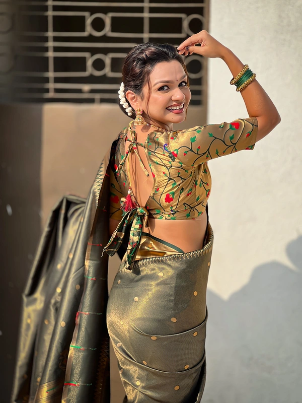 Premium Soft Tissue Paithani Saree with Lotus Meenakari Pallu and Muniya Border - FREE, BOTTLE GREEN