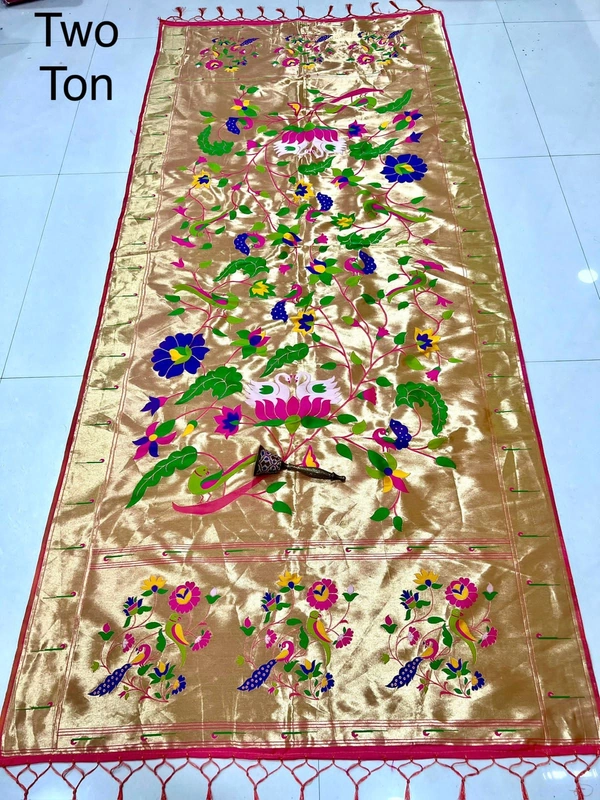 Premium Two-Ton Soft Silk Paithani Dupatta with Heavy Gold Tissue Meenakari - 2.5mt, Two-Ton