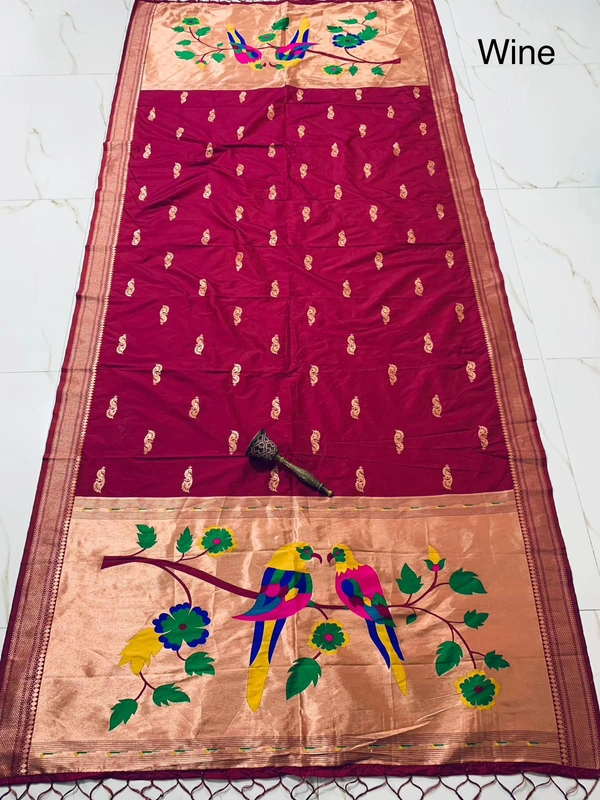 Premium Wine Soft Silk Paithani Dupatta with Elegant Colorful Weaving Parrot Design - 2.5mt, Wine