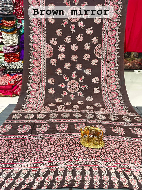 Priyananda Coffee Brown Ajrakh Saree with Sparkling Mirror Work and Elegant Royal Peacock Motif Pallu - Free, Brown