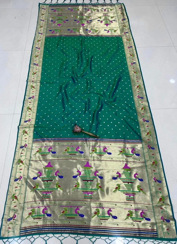 Pure Emerald Green Soft Silk Dupatta with Royal All-Over Buti and Classic Peacock Guldasta Border - 2.5mt, Green