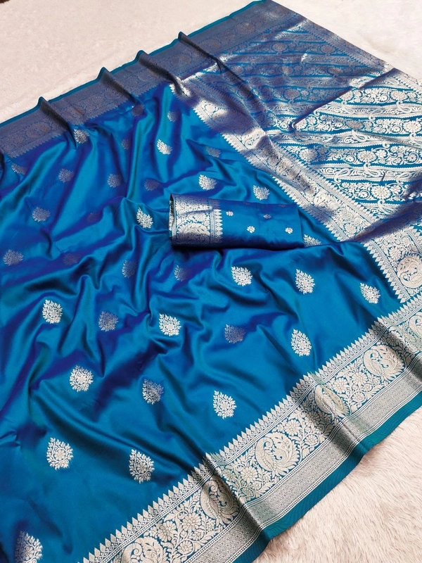 Pure Grace: Soft Banarasi Silk Saree with Gold Zari Motifs & Contrast Weaving Border - FREE, Firozi Blue