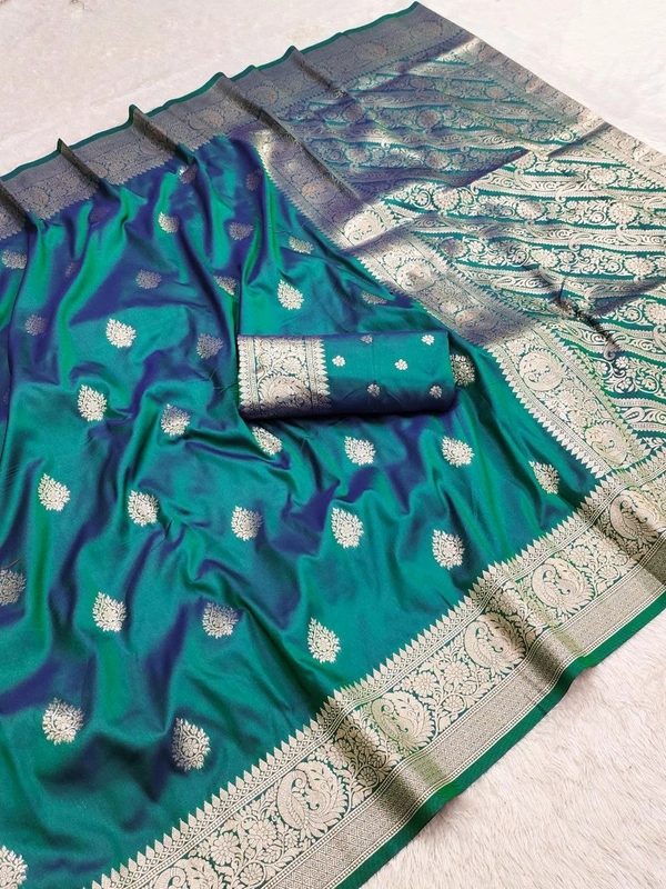 Pure Grace: Soft Banarasi Silk Saree with Gold Zari Motifs & Contrast Weaving Border - FREE, Peacock Blue