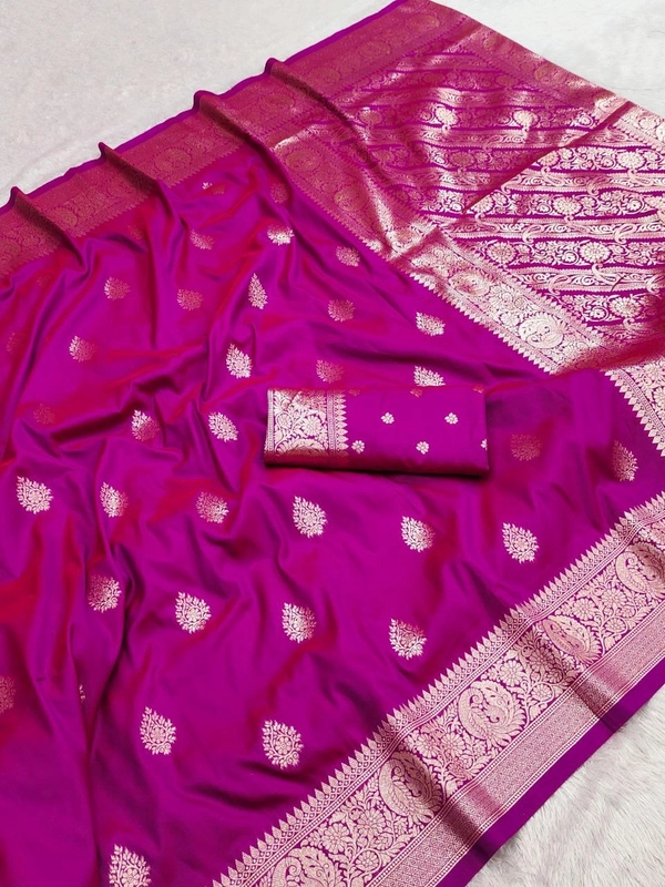Pure Grace: Soft Banarasi Silk Saree with Gold Zari Motifs & Contrast Weaving Border - FREE, Rani Pink
