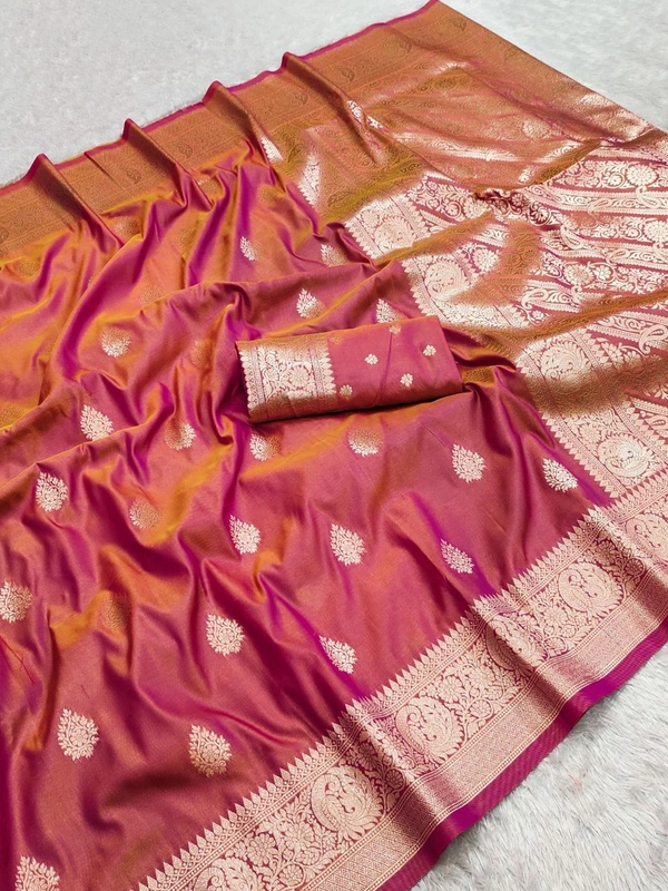 Pure Grace: Soft Banarasi Silk Saree with Gold Zari Motifs & Contrast Weaving Border - FREE, Magenta Pink