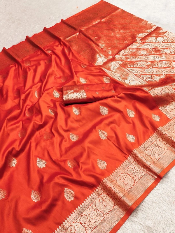 Pure Grace: Soft Banarasi Silk Saree with Gold Zari Motifs & Contrast Weaving Border - FREE, Bright Orange