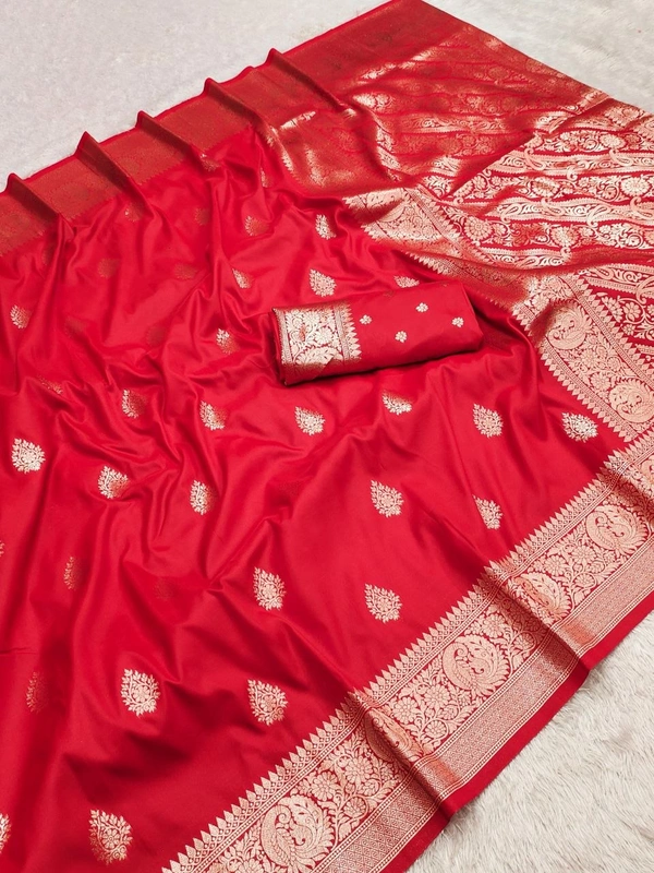 Pure Grace: Soft Banarasi Silk Saree with Gold Zari Motifs & Contrast Weaving Border - FREE, RED
