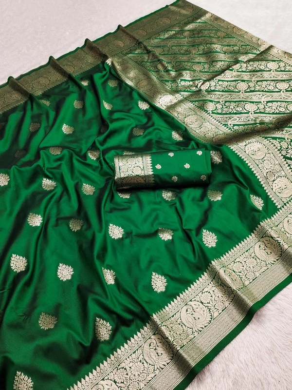 Pure Grace: Soft Banarasi Silk Saree with Gold Zari Motifs & Contrast Weaving Border - FREE, Dark Bottle Green