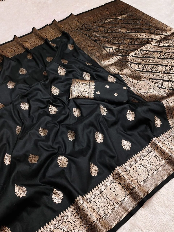 Pure Grace: Soft Banarasi Silk Saree with Gold Zari Motifs & Contrast Weaving Border - FREE, Black