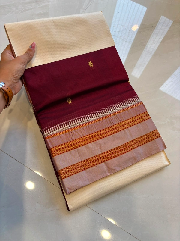 Pure Handloom Narayanpeth Saree Dark Maroon with Pastel Muted Gold Temple Border - Free, Dark Maroon