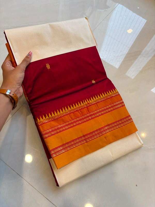 Pure Handloom Narayanpeth Saree Deep Red with Contrast Mustard Yellow Zari Border - Free, Deep Red