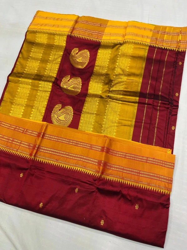 Pure Handloom Narayanpeth Saree featuring Contrast Border Design - Free, Dark Wine Red