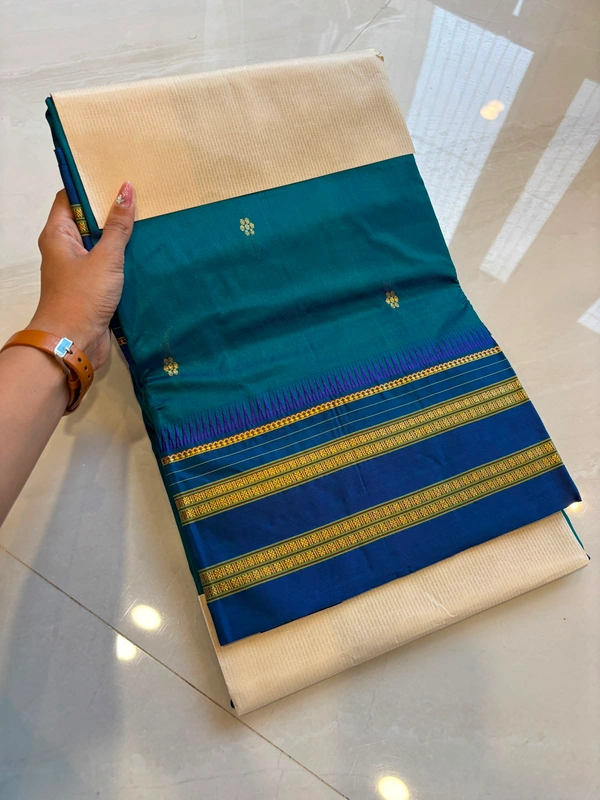 Pure Handloom Narayanpeth Saree Rama Green with Royal Blue Border & Zari Buttas - Free, Rama Green