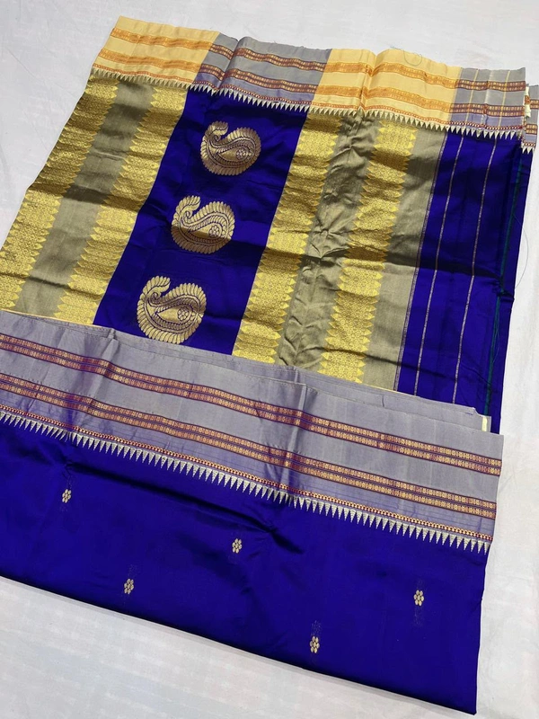 Pure Handloom Narayanpeth Saree with Authentic Border Definition - Free, Navy Blue1
