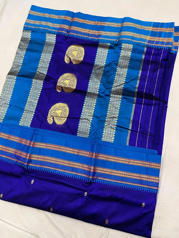 Pure Handloom Narayanpeth Saree with Fine Golden Thread Weaving - Free, Deep Indigo Blue