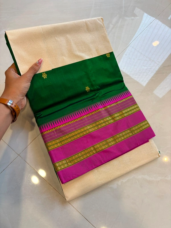 Pure Handloom Narayanpeth Silk Cotton Saree Bottle Green with Pink Temple Border - Free, Bottle Green