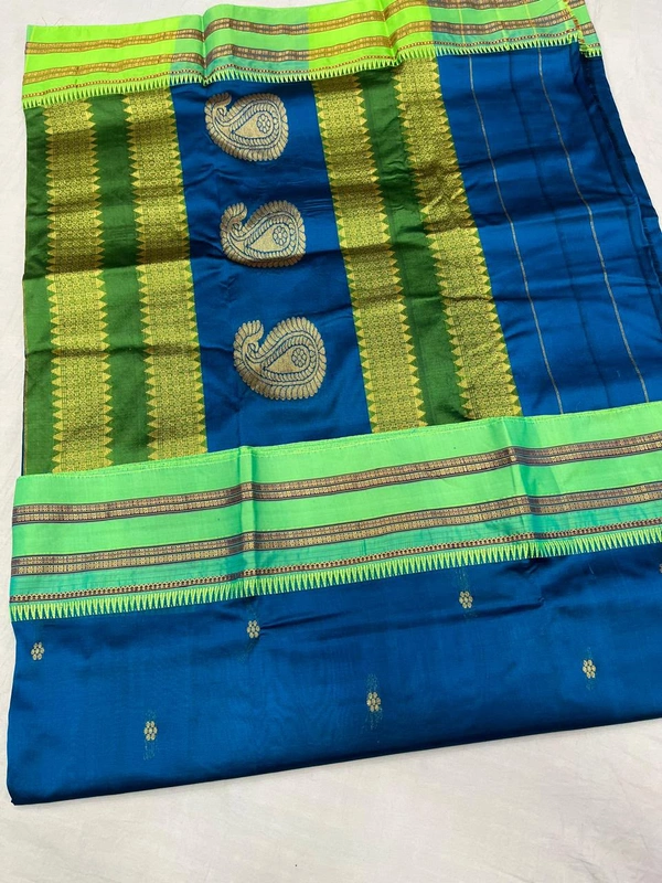 Pure Handloom Narayanpeth Silk Saree with Heavy Butta Pallu - Free, Ink Blue